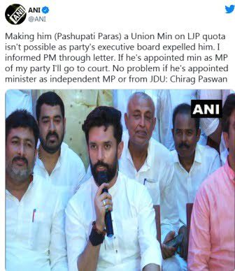 Chirag warns PM Modi If Pashupati is made a minister from LJP he will go to court 1