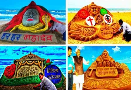 Chief Minister Nitish Kumar admires the artwork of sand artist Madhurendra2